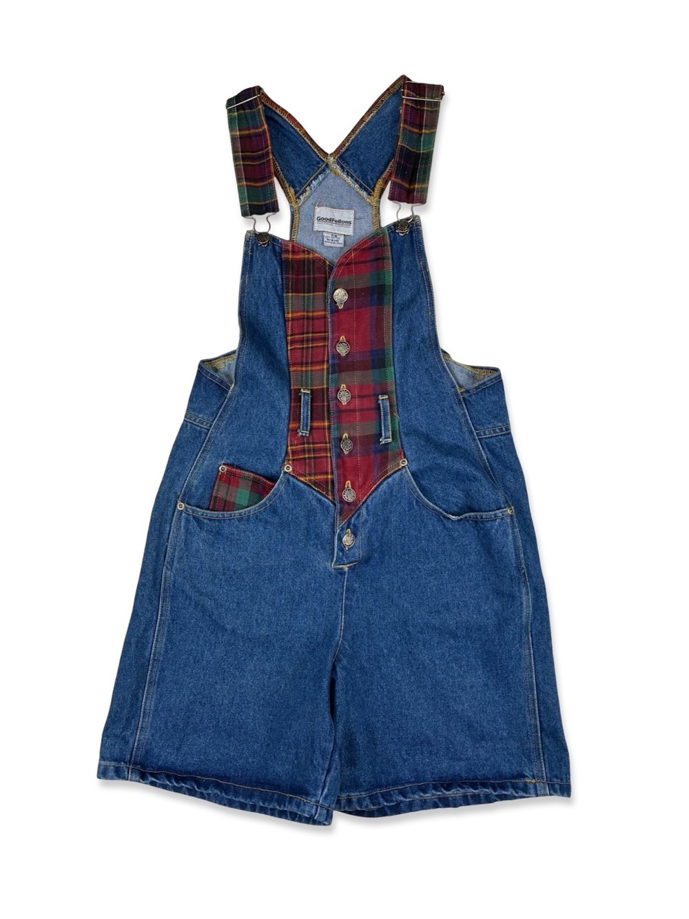Goodfellows Vintage Blue & Plaid Denim Overalls Shorts